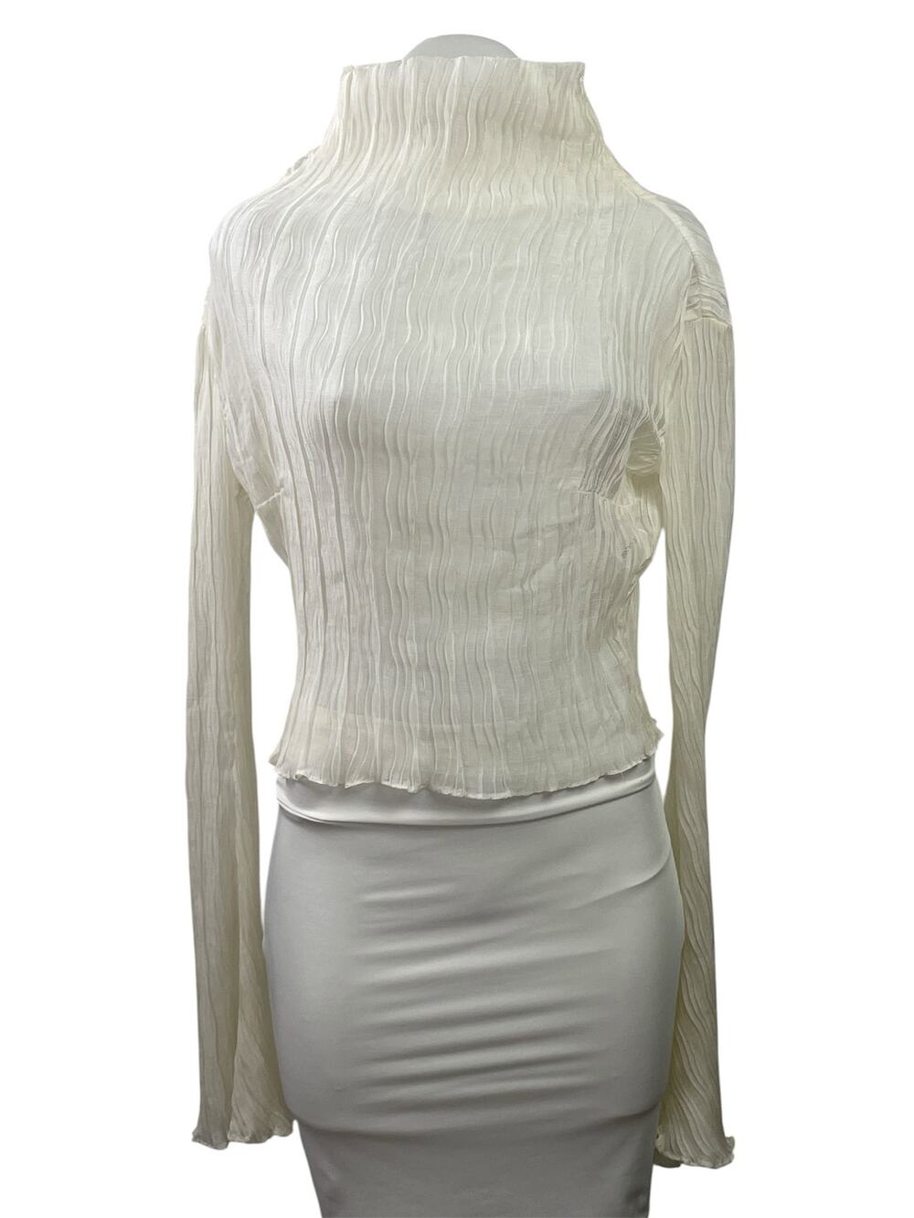 Neglige Women's Ivory White Pleated Long Sleeve Turtleneck Blouse Top Size S